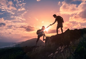 Climbers helping each other